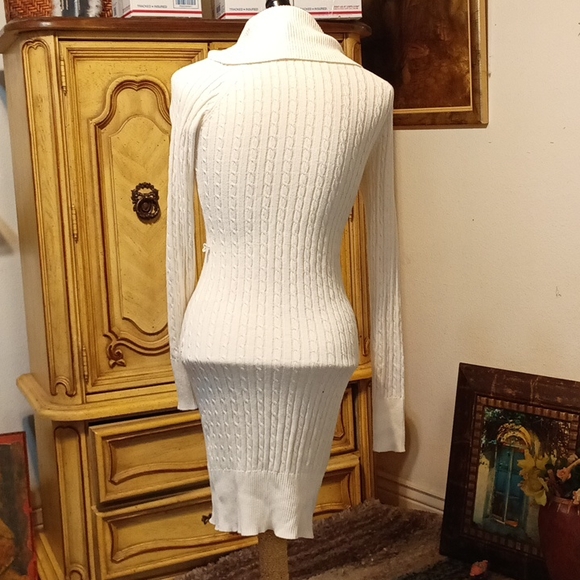 Womens Knit Crochet Sweater dress Swoop Scoop Cowl Turtle creamy Med 2b BEBE b1 - Picture 5 of 8